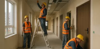 Wykończenie osiedla w etapach — jak pogodzić harmonogram budowy z pracami wnętrzarskimi ekipa wykończeniowa pracuje w korytarzu nowego budynku osiedla