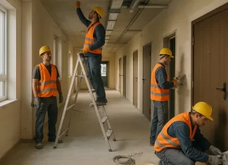 Wykończenie osiedla w etapach — jak pogodzić harmonogram budowy z pracami wnętrzarskimi ekipa wykończeniowa pracuje w korytarzu nowego budynku osiedla